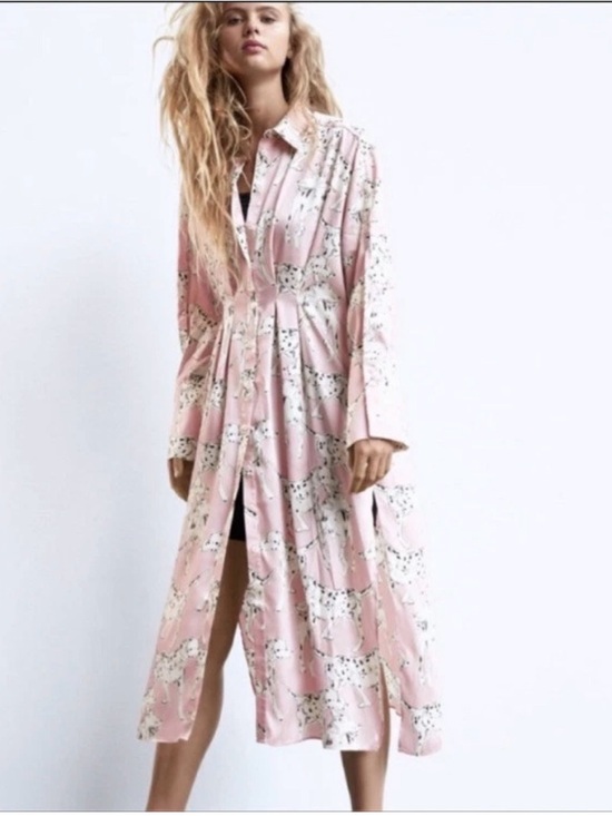 Zara Dresses & Skirts - Zara Pink Dalmatian Dog Print Satin Shirt Dress Midi Long Sleeve XS